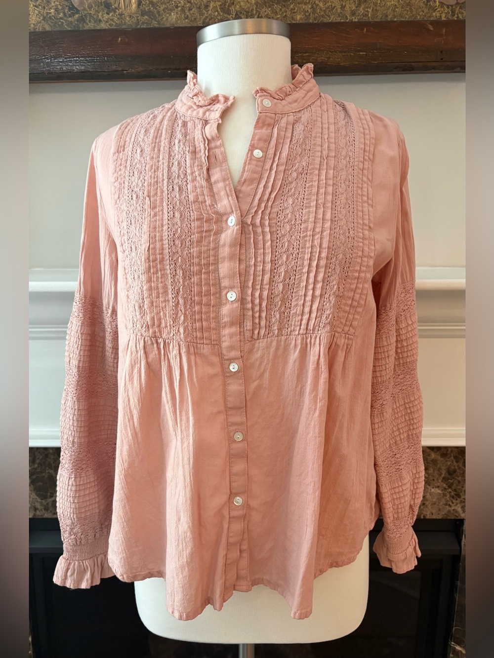 Sundance Blush Pink Pintuck & Lace Button-Down Boho Blouse Size Small Cotton
